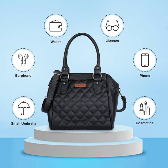 Vegan Leather Women’s Black Handbag – Top Handle Satchel with Crossbody Strap - Picture 4 of 10